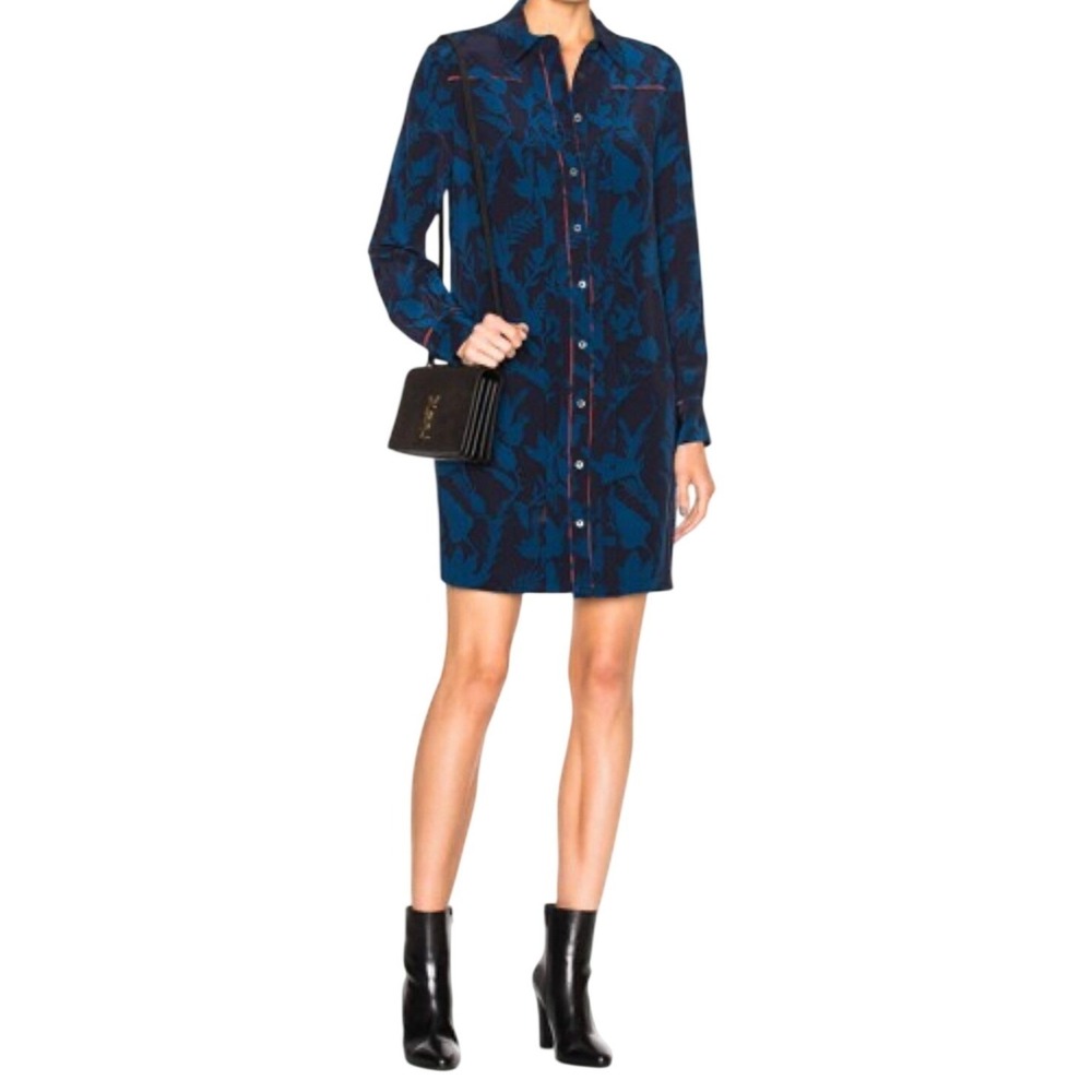 Tanya Taylor Navy Blue Floral 100% Silk Mini Shirt Dress Long Sleeve Size 0
